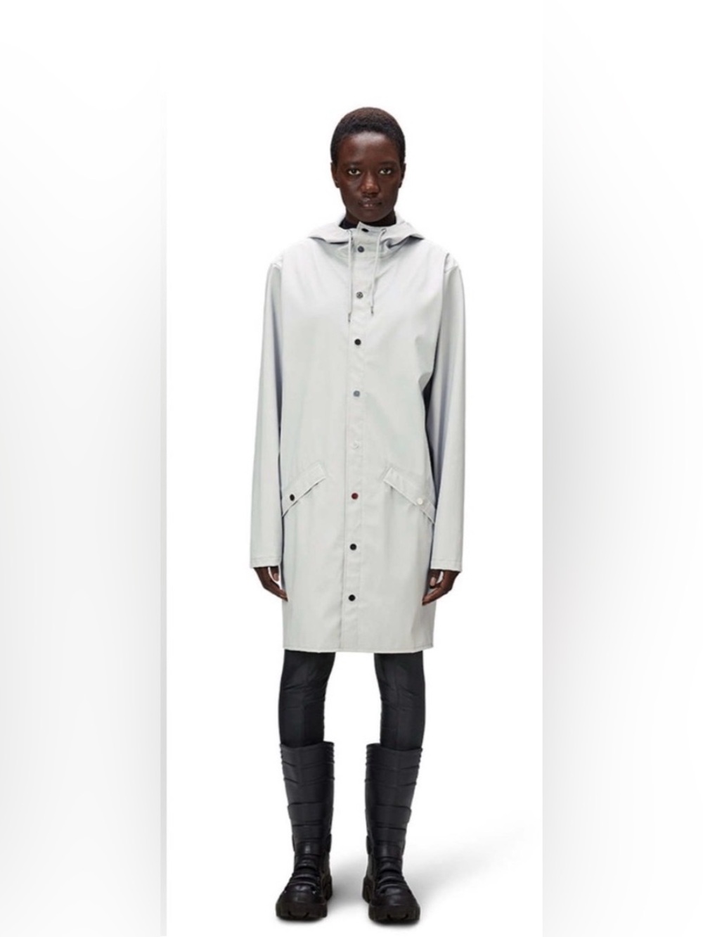 RAINS Long Hooded Raincoat in ash colour size extra large